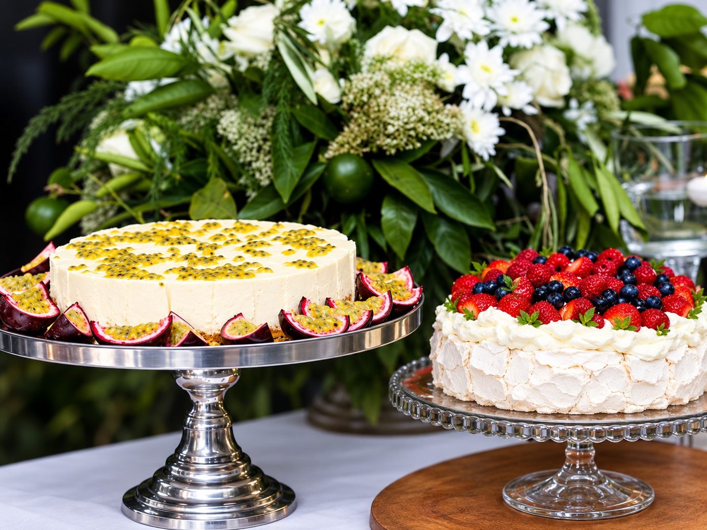 Passionfruit cheesecake and berry pavlova