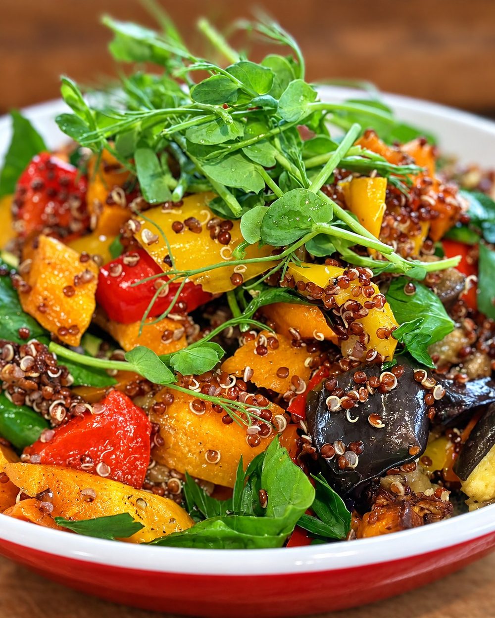 Roast vegetable and red quinoa salad with organic pea sprouts