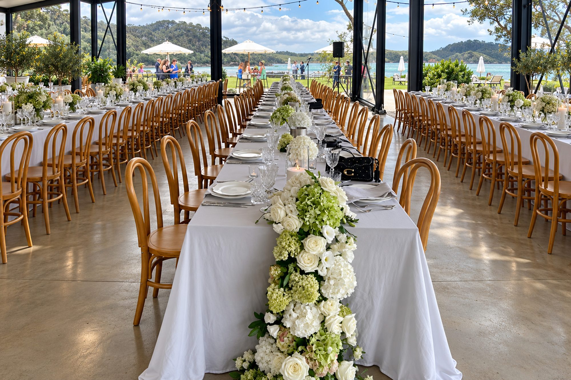 Long wedding table with white florals